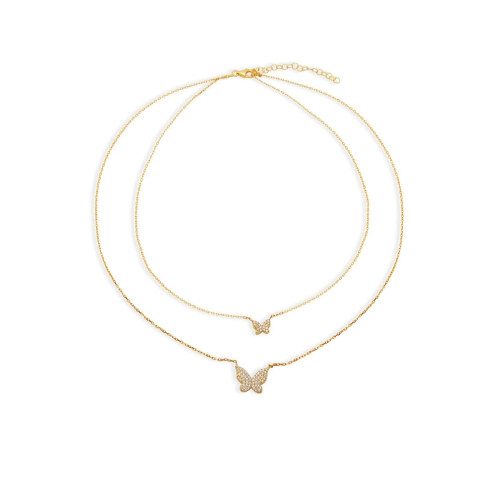 THE M JEWELERS GOLD DOUBLE CHAIN PAVE LAYERING BUTTERFLY NECKLACE